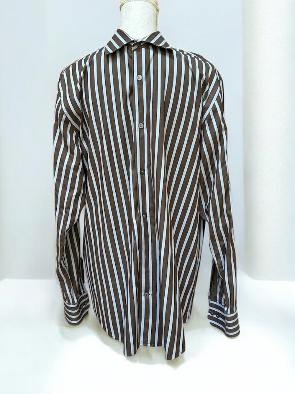 Banana Republic Men Button Front Brown Blue Vertical Striped Dress Shirt 15-15.5